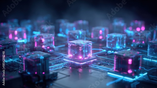 Abstract Blockchain Network Nodes with Glowing Cubes Representing Interconnected Digital Data, Decentralized System, and Modern Technology