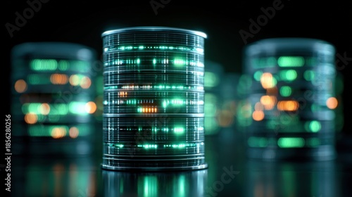 Server Room Data Storage Cylinder with Lights: Futuristic Information Technology Infrastructure Concept