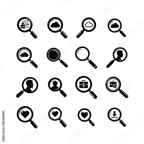 Magnifying Glass Search Icon Set for Job Hunting Cloud Storage Human Resources Finance Dating and Download Concepts
