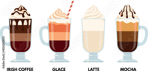 Detailed vector illustration set of four layered specialty coffee drinks in glass mugs, including Irish Coffee, Glace, Latte, and Mocha, all topped with whipped cream and syrup.