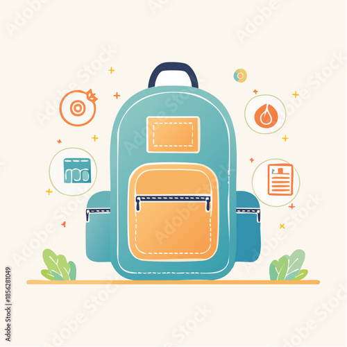Stylized White Backpack with Orange and Blue Accents Surrounded by Iconography.