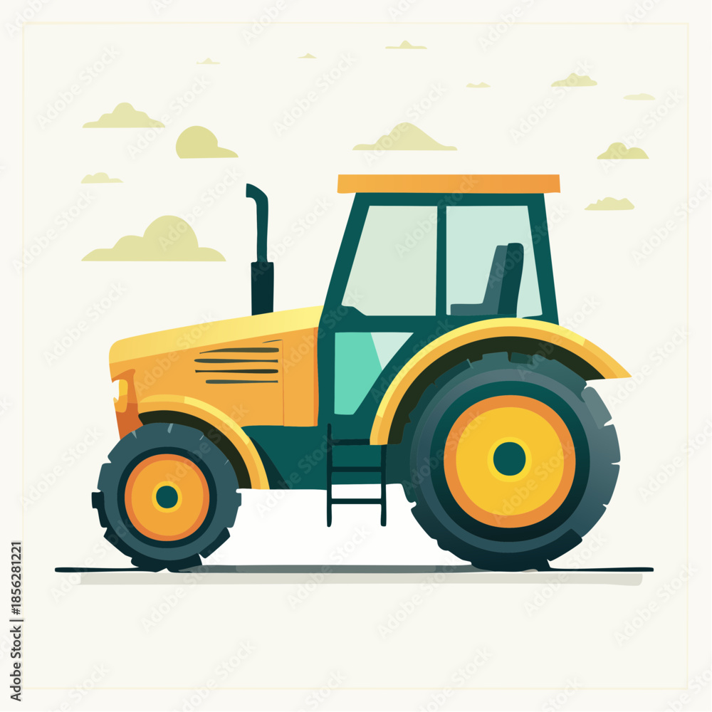 Obraz premium Stylized Yellow and White Tractor Illustration with Clouds.
