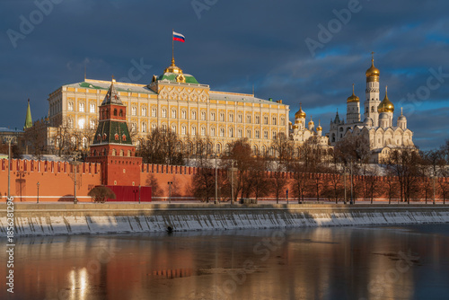 Grand Kremlin Palace, the Annunciation Tower and the ensemble of the Kremlin Cathedral Square from the embankment of the Moskva River, Moscow, Russia