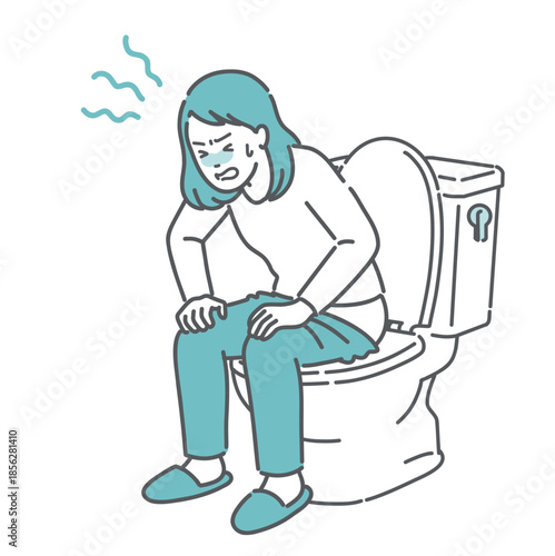 トイレでいきむ・お腹を押さえて苦しむ女性のイラスト（便秘・下痢・腹痛・生理痛）