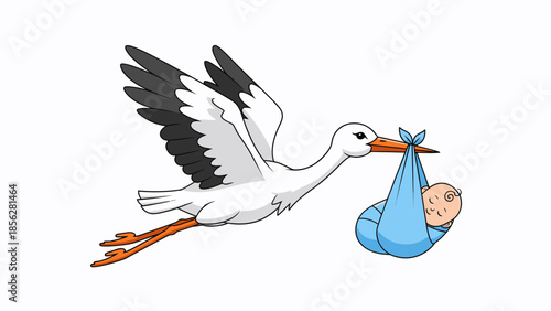 Stork Flying with Baby in Blanket.