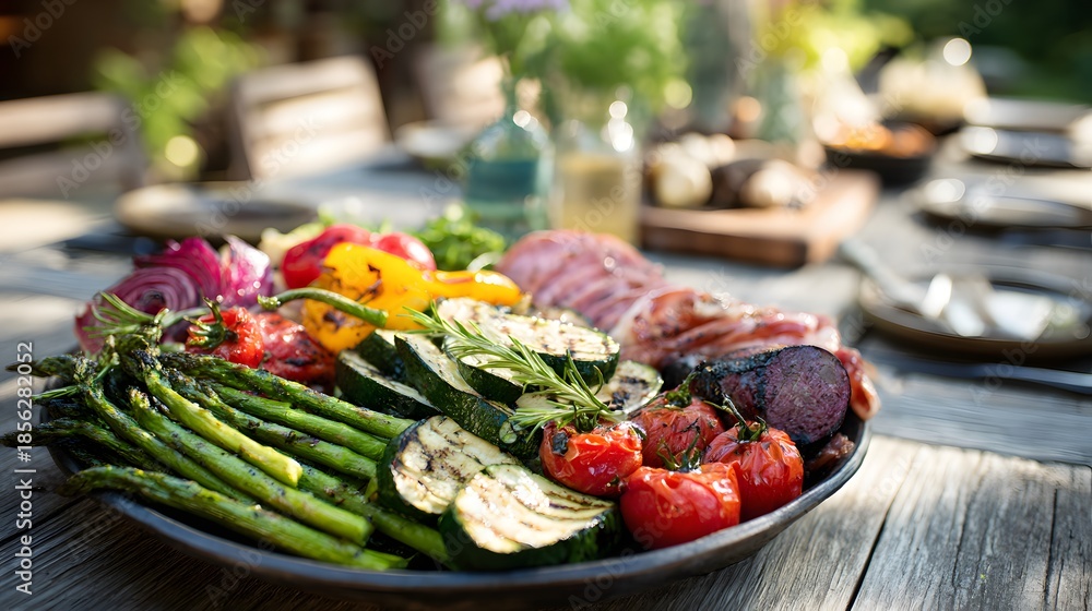 Obraz premium Delicious Grilled Vegetable Platter with Meats on Outdoor Table.