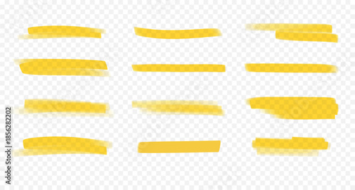 Yellow highlight and underline marks. Hand-drawn marker strokes isolated on semi-transparent backdrop
