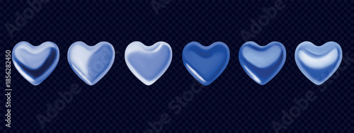 3D hologram metal hearts. Y2K holographic icons isolated on transpared background