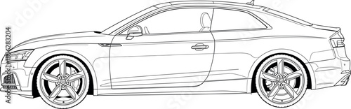 Elegant luxury sports coupe car side view line art illustration, ideal for automotive technical drawing, speed, and premium transport design concepts in black outline.