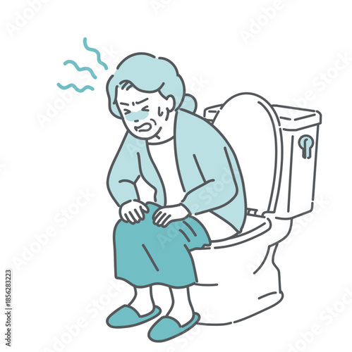 トイレでいきむ・お腹を押さえて苦しむ高齢女性のイラスト（便秘・下痢・腹痛・ヒートショック）