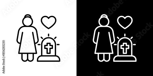 Condolence icon with a woman and a gravestone with a heart, symbolizing love and remembrance