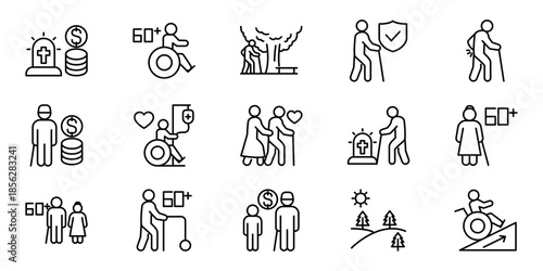 Icons representing retirement, elderly care, and accessibility features for seniors