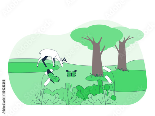 Natural habitat or ecosystem depicts a scene with various living organisms and elements. Ecosystem vector illustration. Flat illustration concept.