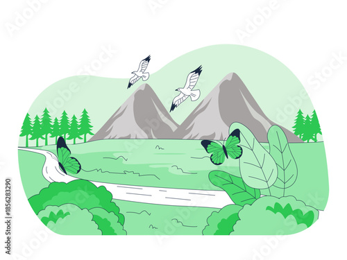 Natural landscape features mountains, trees and grasslands as well as two butterflies and two birds that are also visible in the landscape. Ecosystem vector illustration. Flat illustration concept.