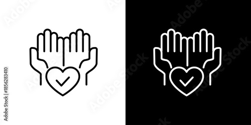 Symbolic line art icon illustration featuring open hands gently cradling a heart with a checkmark, signifying validated care, community support, and confirmed benevolence