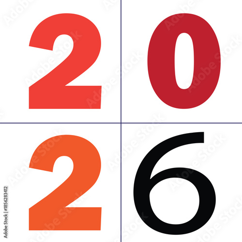 A visual representation of the year 2026, with each digit displayed in a separate square, featuring varying colors.
