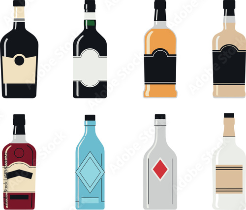 Flat Design Alcoholic Spirits Collection Vector: Set of Eight Liquor Bottles in Various Colors and Shapes with Simple Blank Labels, Ideal for Menu Design, Branding, and Infographics