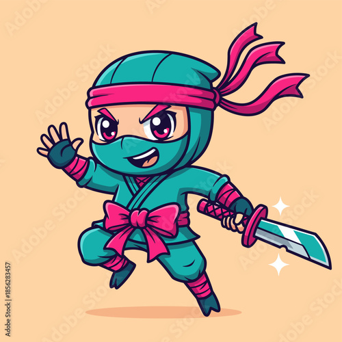 Cartoon Ninja Character with Sword Ready for Action.