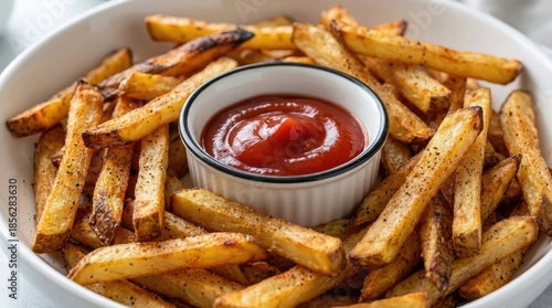 A crispy, golden-brown bowl of rustic fries and glossy red ketchup awaits. Generative AI