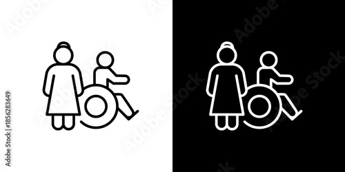 Adult woman assisting person in wheelchair icon, symbolizing accessible living, human support, and inclusive community for individuals with disabilities