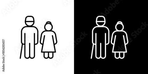 Elderly Couple Icon Set Senior People Silhouette with Walking Stick, Representing Age and Independence