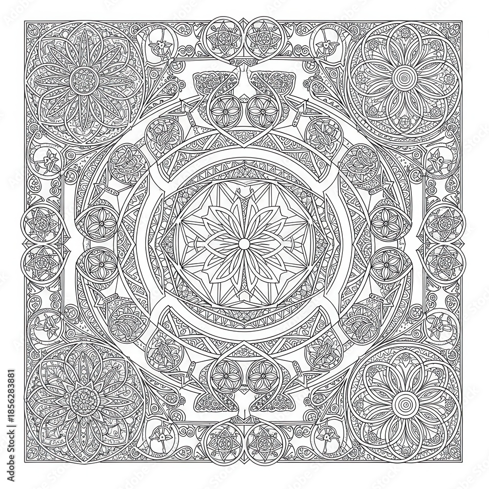 Obraz premium Intricate black and white mandala design filled with complex interwoven geometric and floral patterns