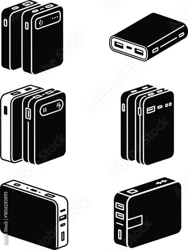 Six Black Silhouette Power Bank Icons portable charger