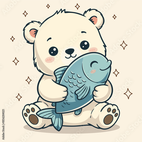 Happy Little Polar Bear Cub Cuddling His Freshly Caught Fish Vector Art