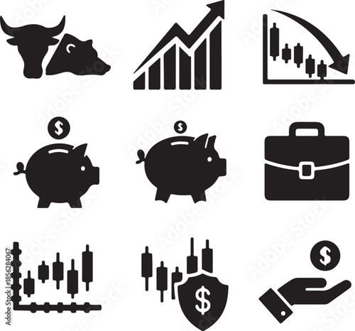 Business and finance animal icons set with cute pig cow bull and sheep illustrations