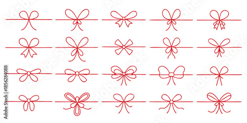 Doodle gift bow. Simple doodle red bows with string and knot for present. Minimalist line art vector for Christmas celebration and coquette holiday decoration, birthday party or festive package