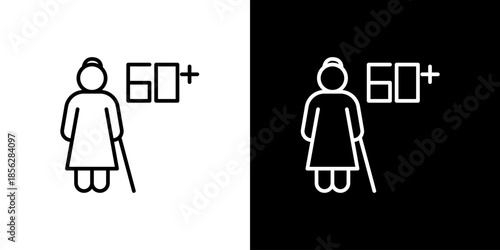 Outline vector icon of an elderly woman holding a cane with '60+' text, symbolizing senior age, retirement, mature adult population, and social demographics