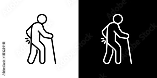 Line art icon of a senior person experiencing lower back discomfort, relying on a walking stick to aid movement and manage age-related health conditions