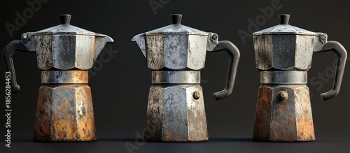 Three rusty coffee pots, dark background, kitchen utensil