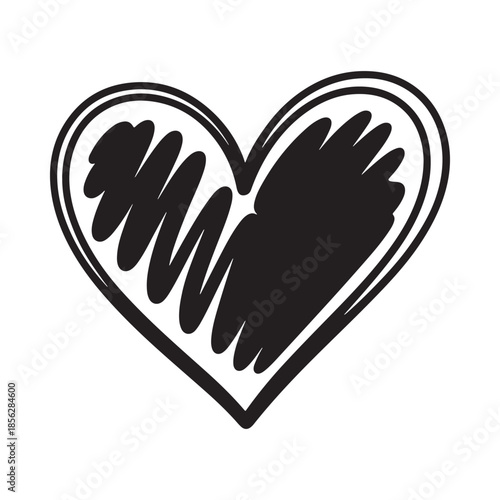 A simple black and white sketch of a heart with a scribbled section conveying emotion and artistic style