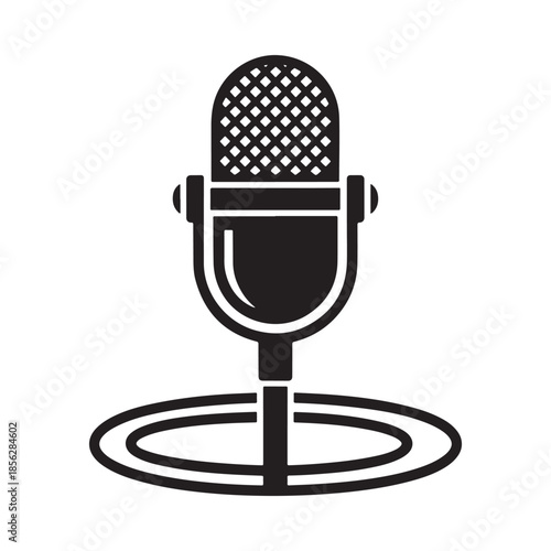 A classic vintage style microphone icon in black and white representing audio recording and broadcast equipment