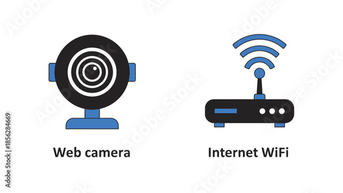 Webcam and WiFi router in simple flat design with blue accents and white background for technology illustration