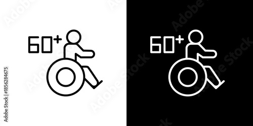 Black and white outline icon depicting an elderly person in a wheelchair with '60+' symbol, signifying senior mobility challenges, disability, and age-related support needs