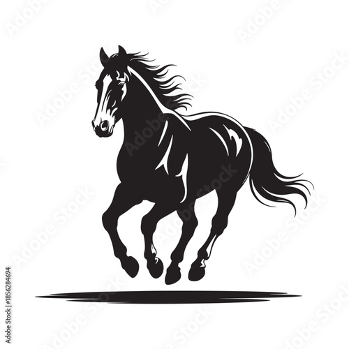 A striking black and white illustration depicts a powerful horse in full gallop showcasing its grace and energy
