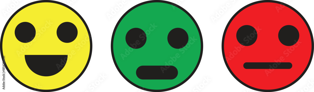 Fototapeta premium Three colorful emoticons representing different emotional states: happy, neutral, and displeased, used for feedback or ratings.