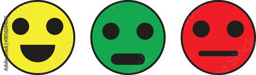 Three colorful emoticons representing different emotional states: happy, neutral, and displeased, used for feedback or ratings.