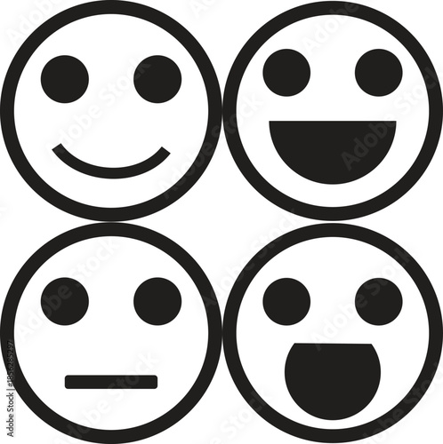 Four black and white emoji faces showing different emotions: happy, laughing, and neutral expressions.