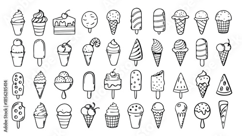 Sketch ice cream. Doodle frozen gelato dessert, eskimo and ice-cream in waffle cone, sundae scoops. Hand drawn vintage menu elements. Vector isolated set