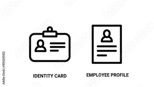 Identity Card and Employee Profile Icons in Simple Flat Design with Black Color on White Background for HR and Business Use