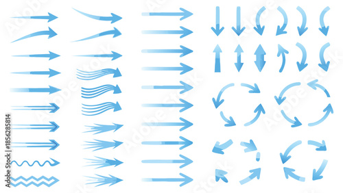 Air flow arrows. Blue cold wind stream, fresh water direction, filter and conditioner system infographic transparent movement and rotation elements. Vector arrow icons set
