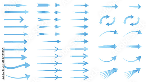 Air flow arrows. Blue cold wind stream, fresh water direction, filter and conditioner system infographic transparent movement and rotation elements. Vector arrow icons set

