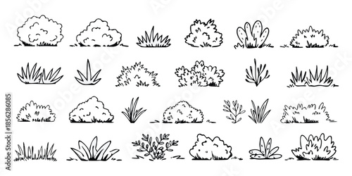 Grass and bush outline tree doodle for lawn vector cute landscape with hand drawn plant and minimal silhouette. Greenery line art for jungle, park and garden. Cartoon sketch and scribble vector set
