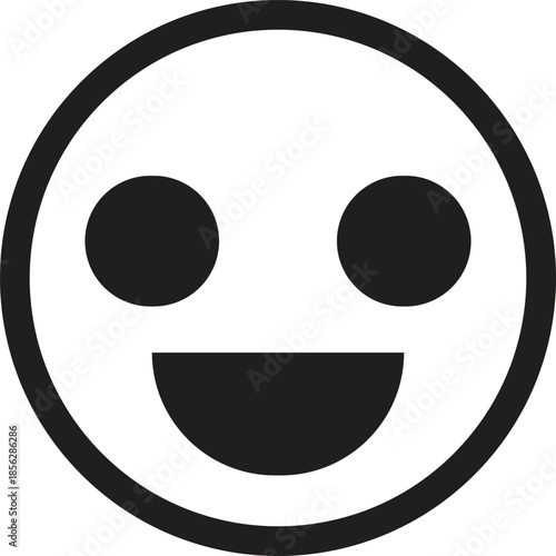 A simple black and white outline icon of a happy smiley face with two eyes and a wide smile.