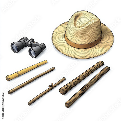 Straw hat binocular bamboo wooden stick outdoor adventure travel exploration equipment
