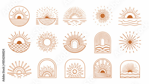 Bohemian sun. Abstract boho suns and arc windows, sunburst. Bohemian minimalist line sunrise and sunset in water of sea waves. Vector mystic outline icons and logo
