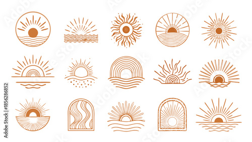Bohemian sun. Abstract boho suns and arc windows, sunburst. Bohemian minimalist line sunrise and sunset in water of sea waves. Vector mystic outline icons and logo

